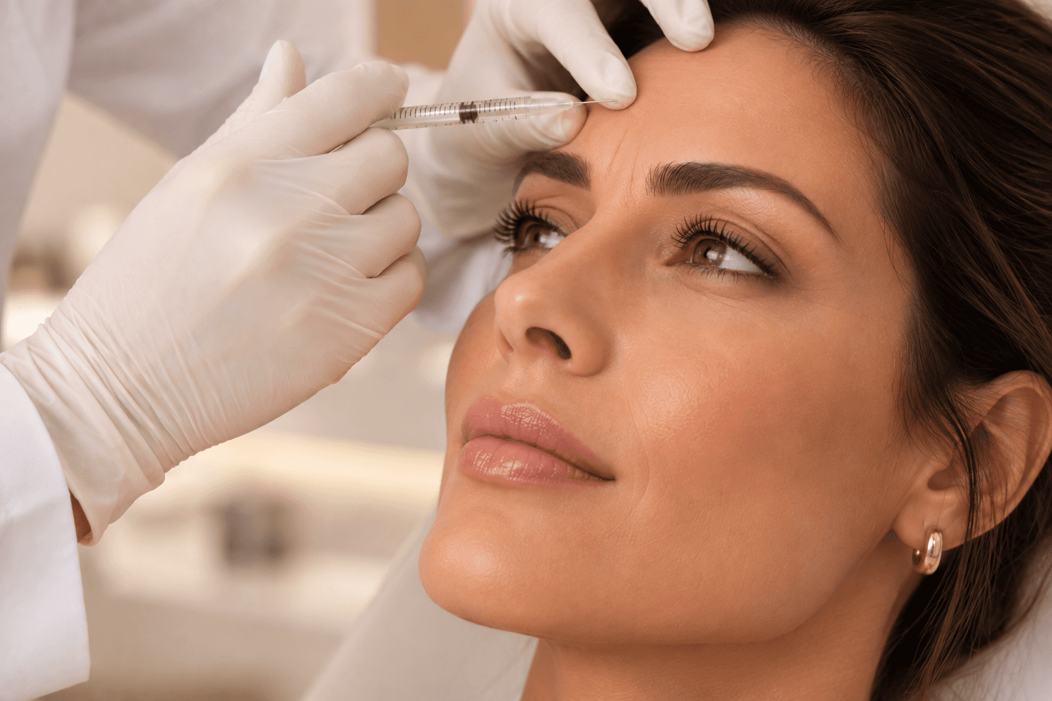 Composição editorial representando a aplicação de toxina botulínica (Botox)
